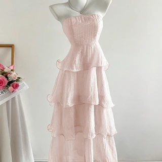 2026 New Summer Hip-Covering Skirt Slimming Look Mid-Length Skirt Cake Skirt Fairy Tube Top Pure Color Lotus Leaf Dress