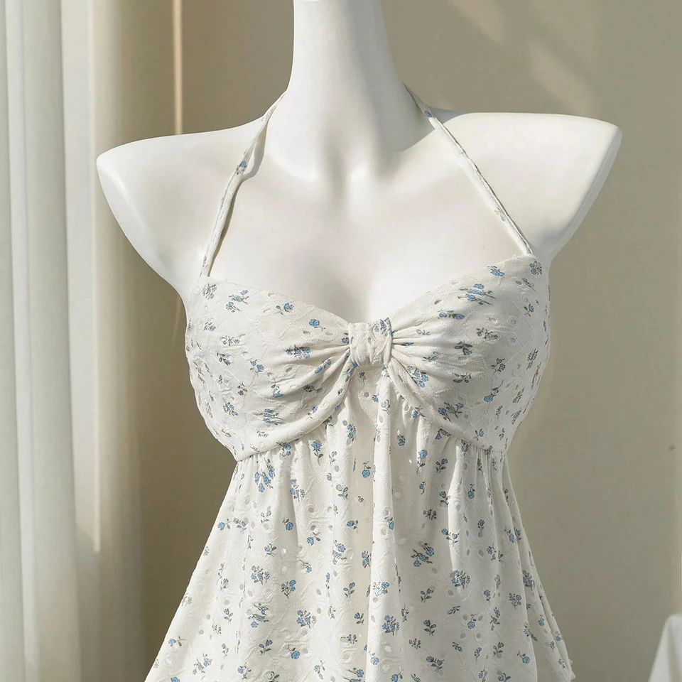 Sweet and Fresh Lace-Up Floral Camisole Babydoll Top 2026 Summer New Wide Top Trendy