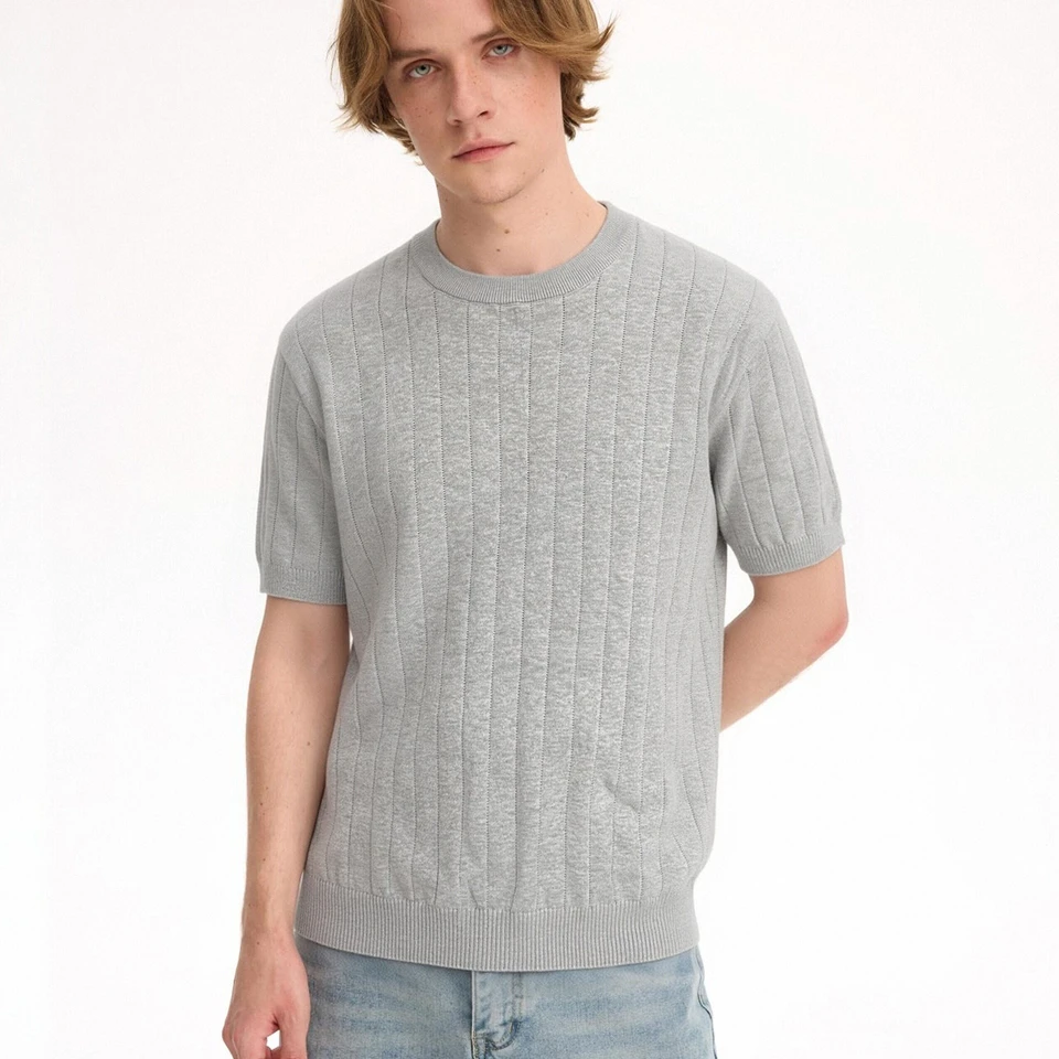 Light Luxury Jacquard Vertical Stripe Texture Casual Regular Fit Top Solid Color Round Neck Short Sleeve Knit T-Shirt Unisex