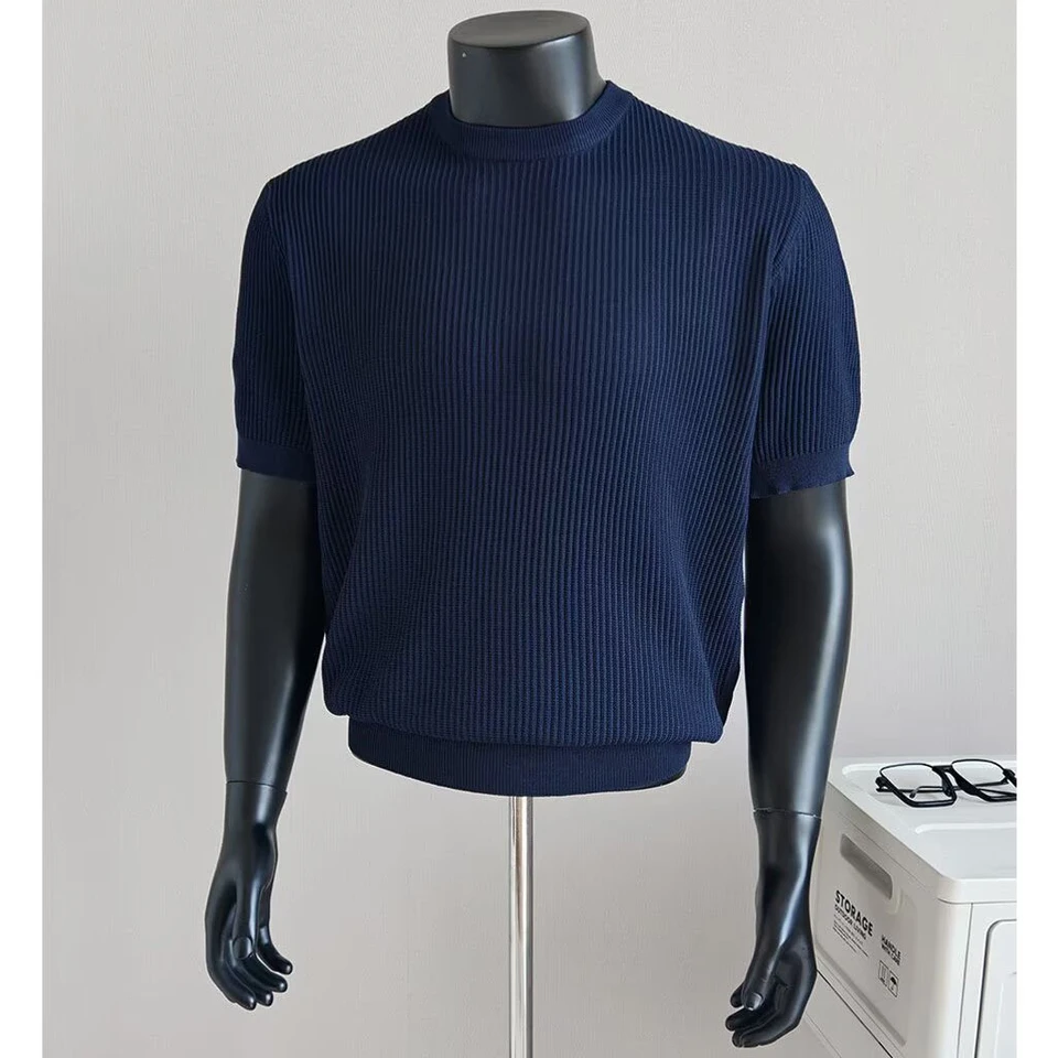 Knitted Short-Sleeve T-Shirt for Men, Round Neck, Ribbed Texture, Old Money Style, Ice Silk Summer Inner Wear