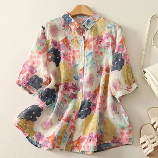 Summer Casual Short-Sleeved Shirts for Women, Digital Printed Loose Artistic Lapel Shirts for Women