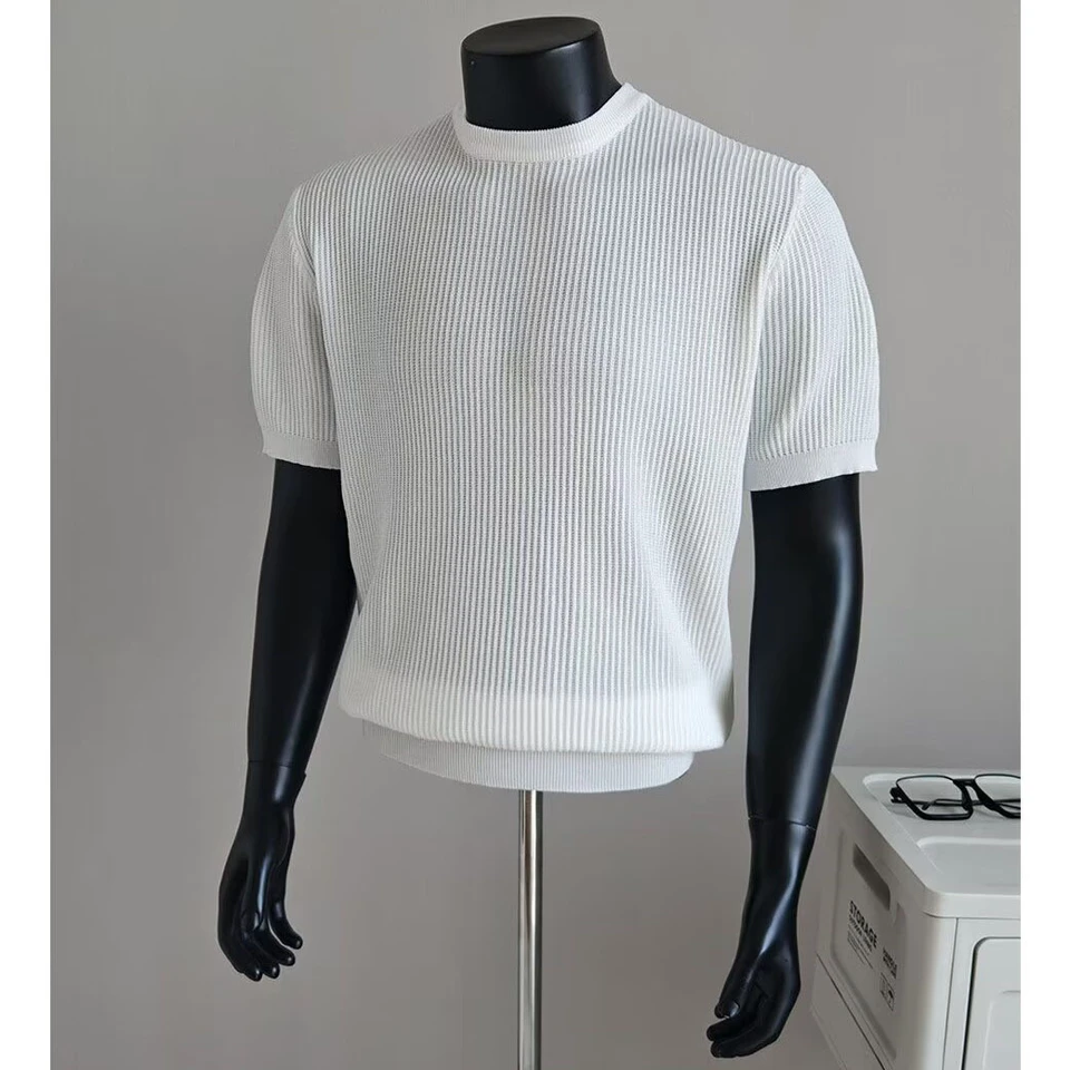 Knitted Short-Sleeve T-Shirt for Men, Round Neck, Ribbed Texture, Old Money Style, Ice Silk Summer Inner Wear