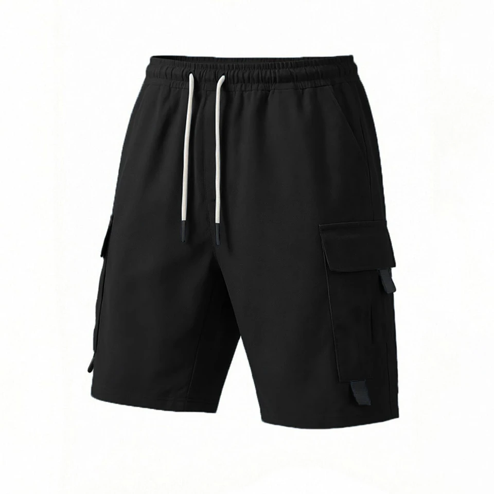 2026 Spring and Summer Men's Shorts Cargo Pants Solid Color Casual Splicing Drawstring Multi-Pocket Pants