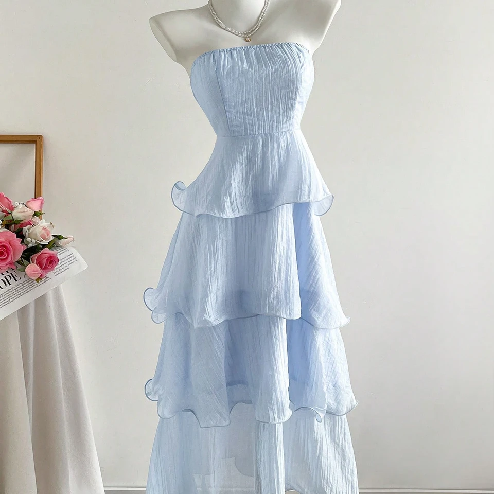 2026 New Summer Hip-Covering Skirt Slimming Look Mid-Length Skirt Cake Skirt Fairy Tube Top Pure Color Lotus Leaf Dress