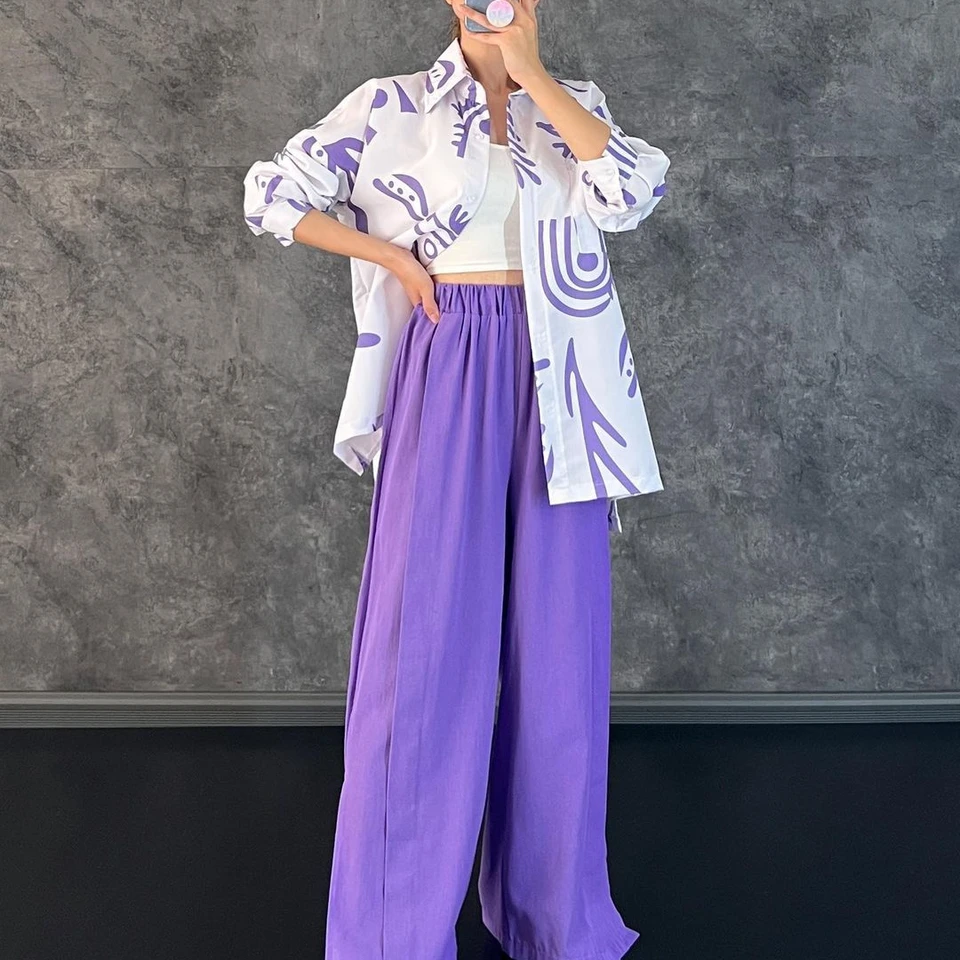 Women's Clothing 2026 Early Autumn New Casual Long-Sleeve Printed Shirt High-Waisted Slit Wide-Leg Dress