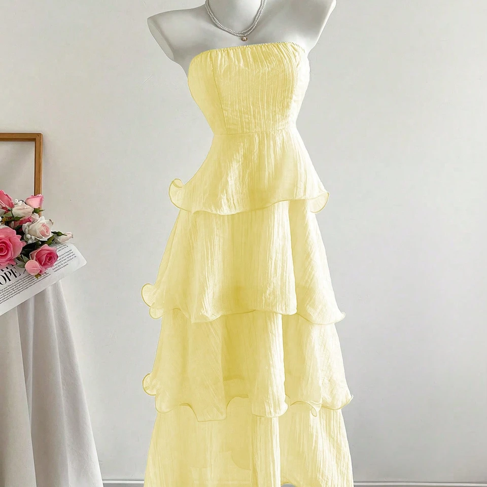 2026 New Summer Hip-Covering Skirt Slimming Look Mid-Length Skirt Cake Skirt Fairy Tube Top Pure Color Lotus Leaf Dress