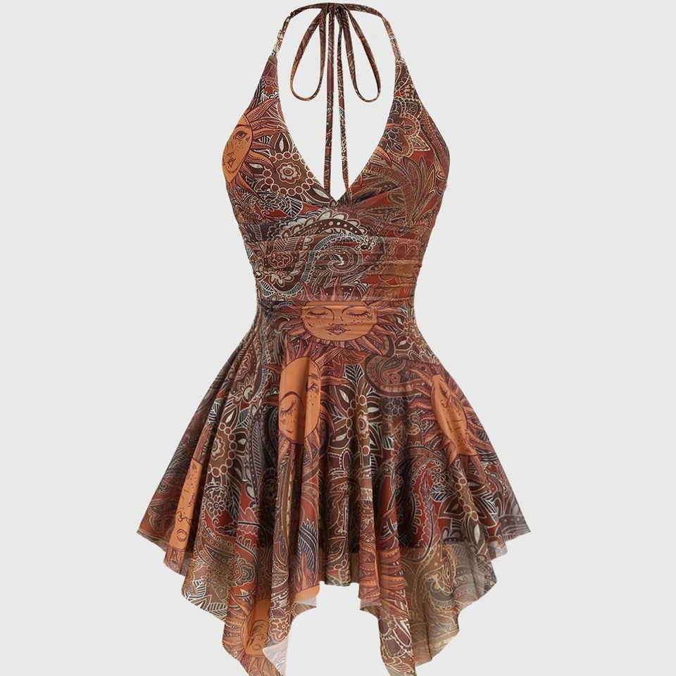 New Style Holiday Mesh V-Neck Suspender Dress, Sexy Irregular Hem Versatile Dress Trendy