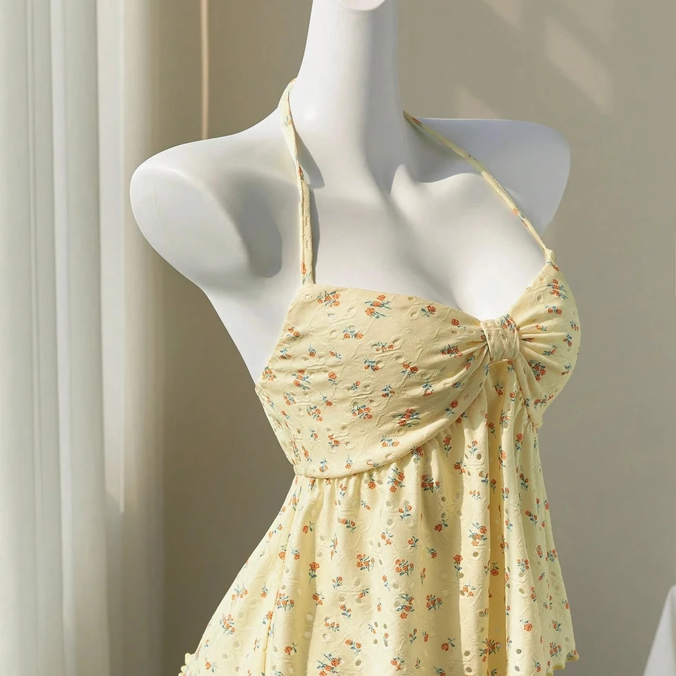 Sweet and Fresh Lace-Up Floral Camisole Babydoll Top 2026 Summer New Wide Top Trendy