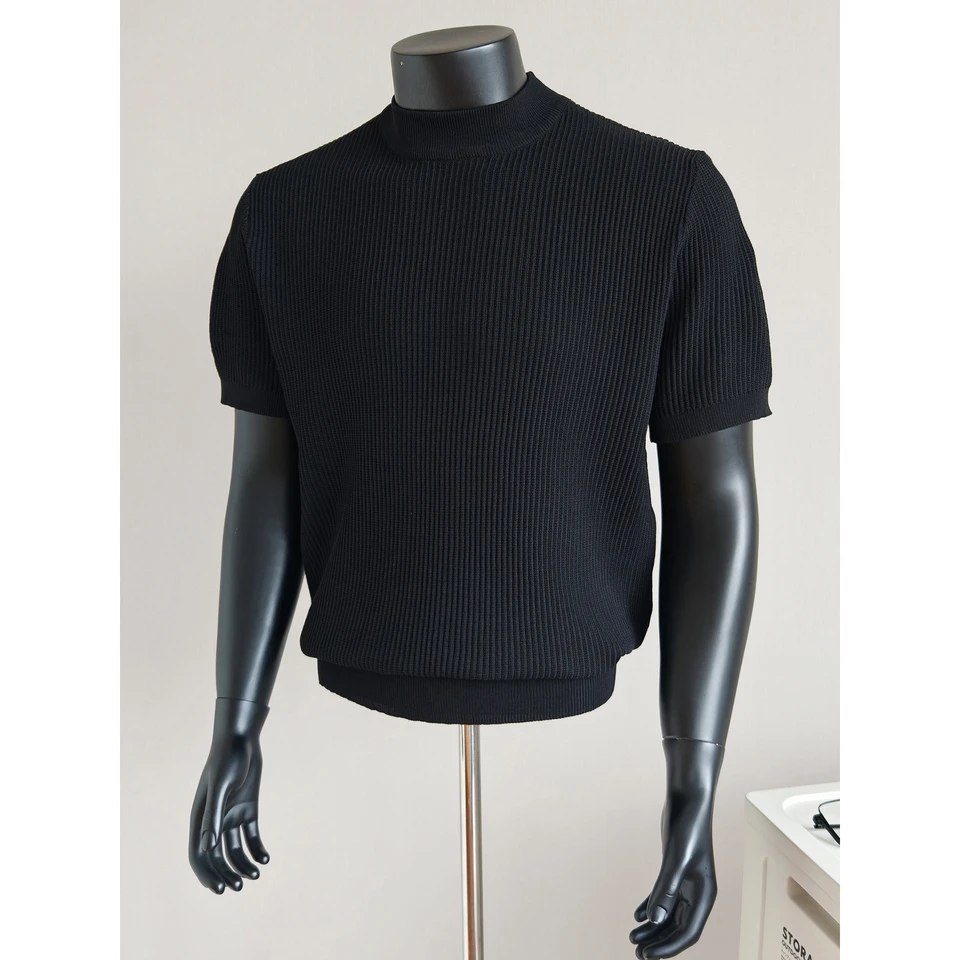 Knitted Short-Sleeve T-Shirt for Men, Round Neck, Ribbed Texture, Old Money Style, Ice Silk Summer Inner Wear