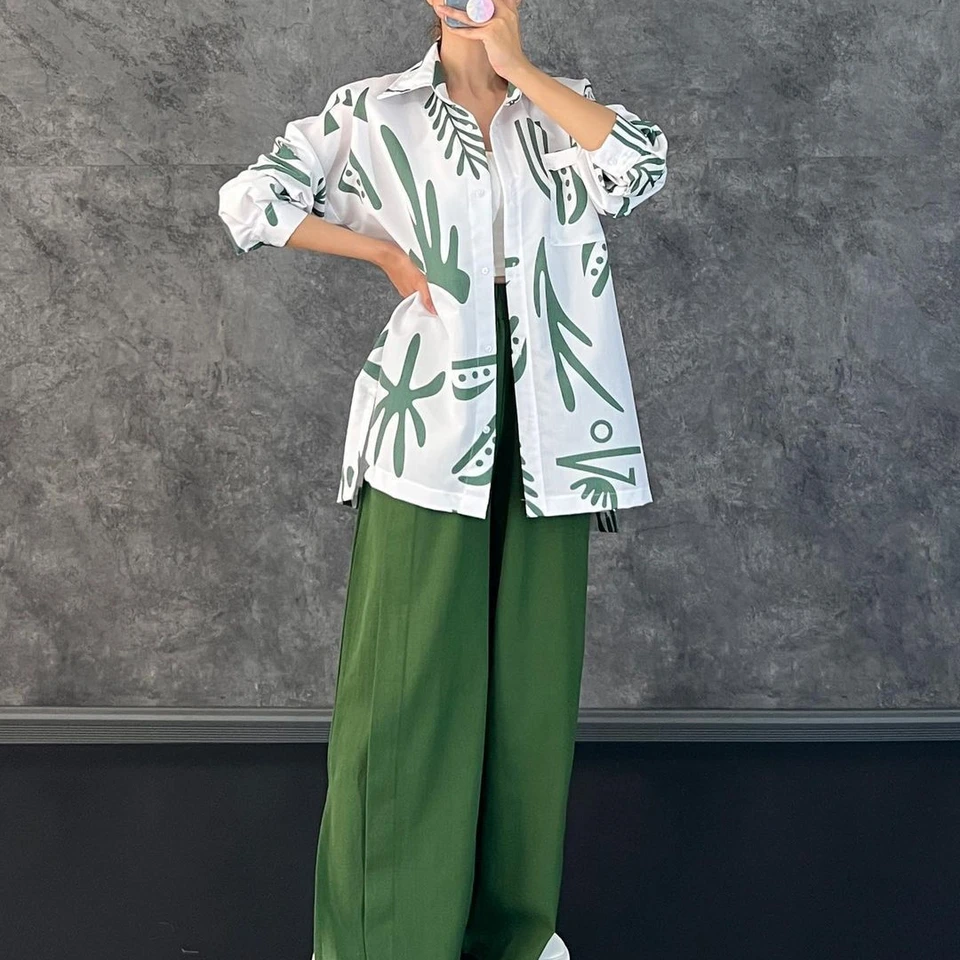 Women's Clothing 2026 Early Autumn New Casual Long-Sleeve Printed Shirt High-Waisted Slit Wide-Leg Dress