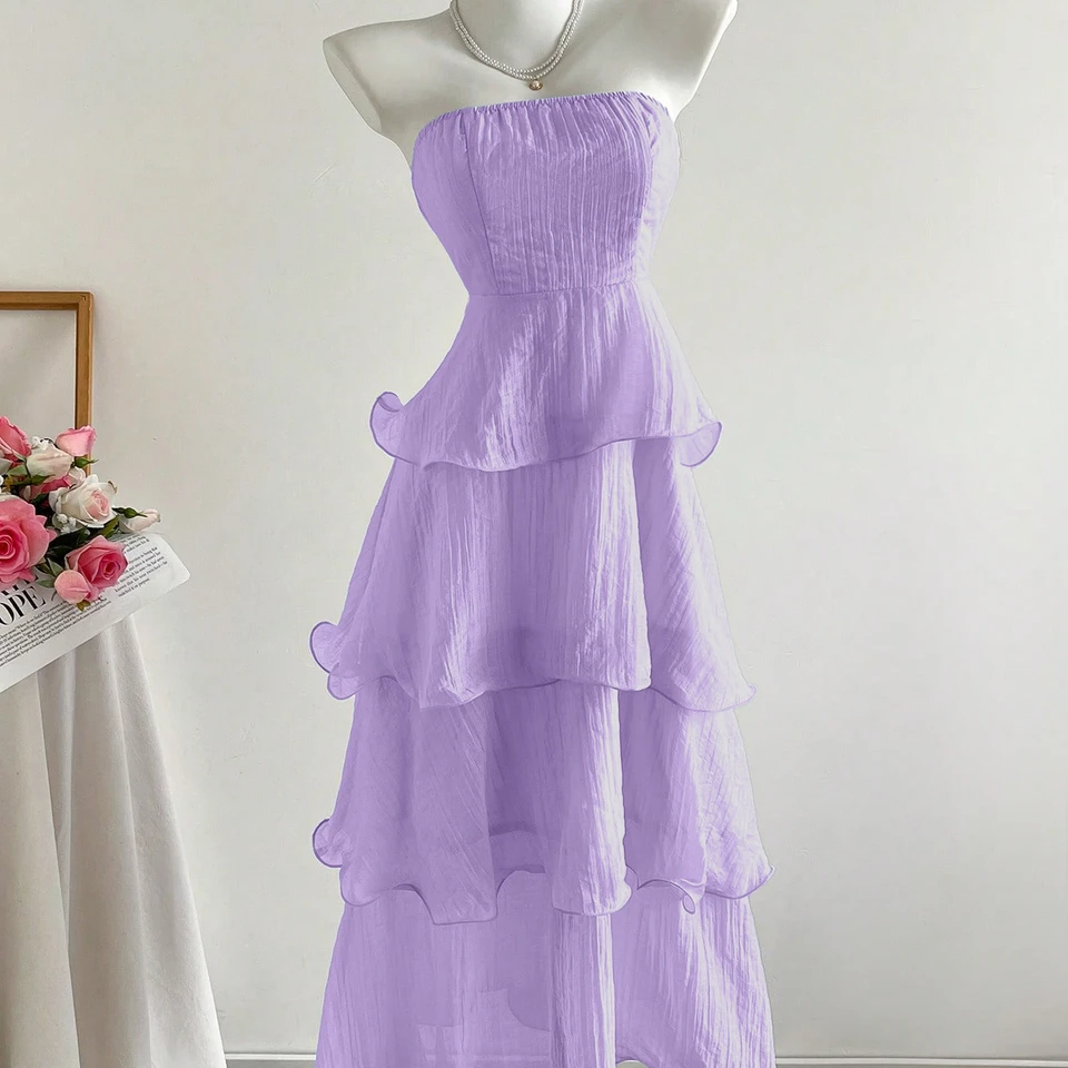 2026 New Summer Hip-Covering Skirt Slimming Look Mid-Length Skirt Cake Skirt Fairy Tube Top Pure Color Lotus Leaf Dress