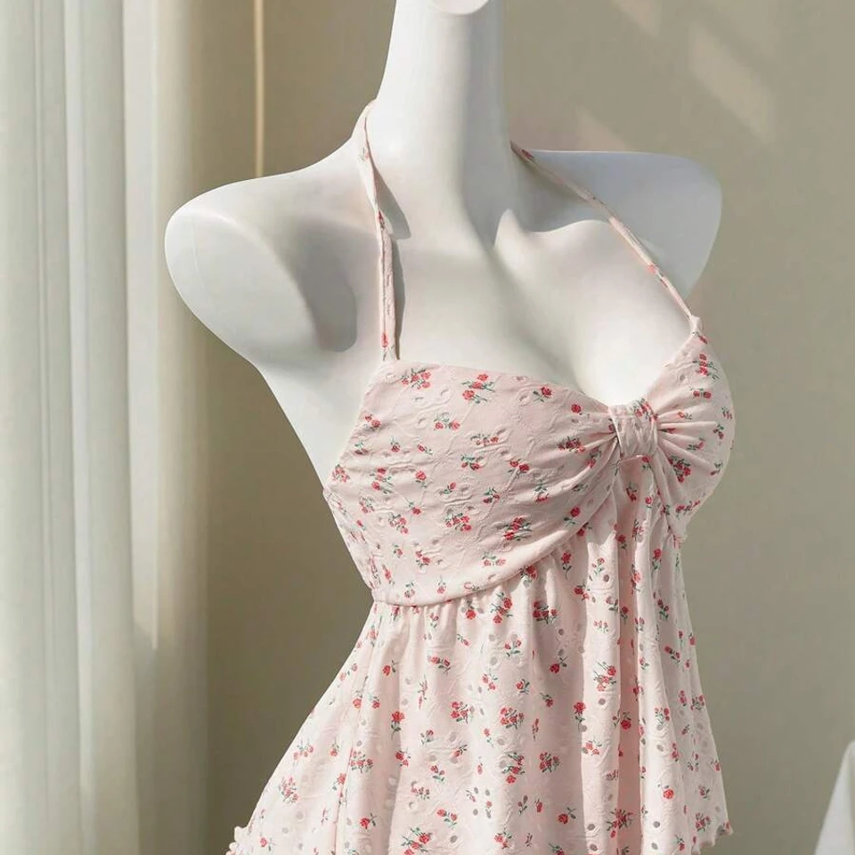 Sweet and Fresh Lace-Up Floral Camisole Babydoll Top 2026 Summer New Wide Top Trendy