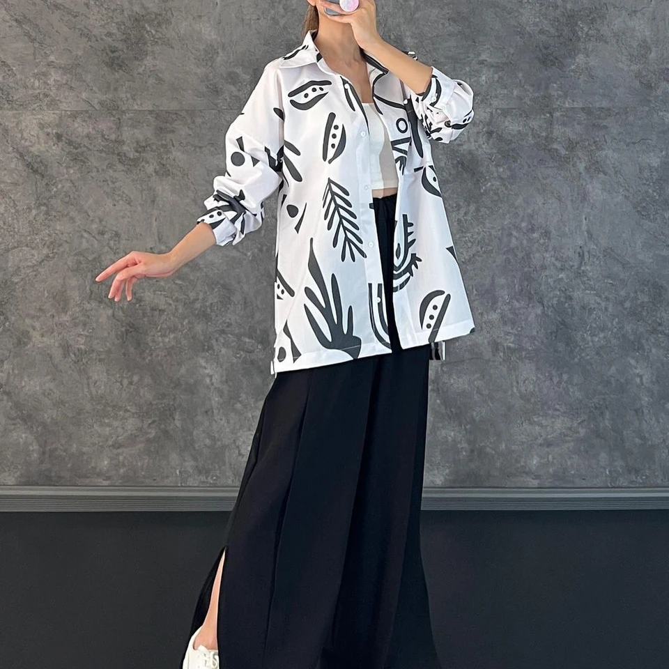 Women's Clothing 2026 Early Autumn New Casual Long-Sleeve Printed Shirt High-Waisted Slit Wide-Leg Dress