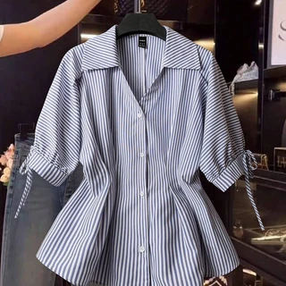 Summer Fashion Stylish Design Waist-Cinching Striped Shirt Slimming Loose Tie Versatile Short-Sleeve Top For Women