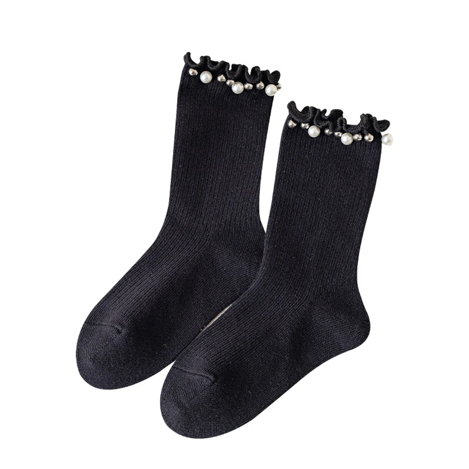 Girls' New Spring And Autumn Mid-Calf Socks with Pearl Ruffles, Sweet Princess Socks for Children and Older Kids