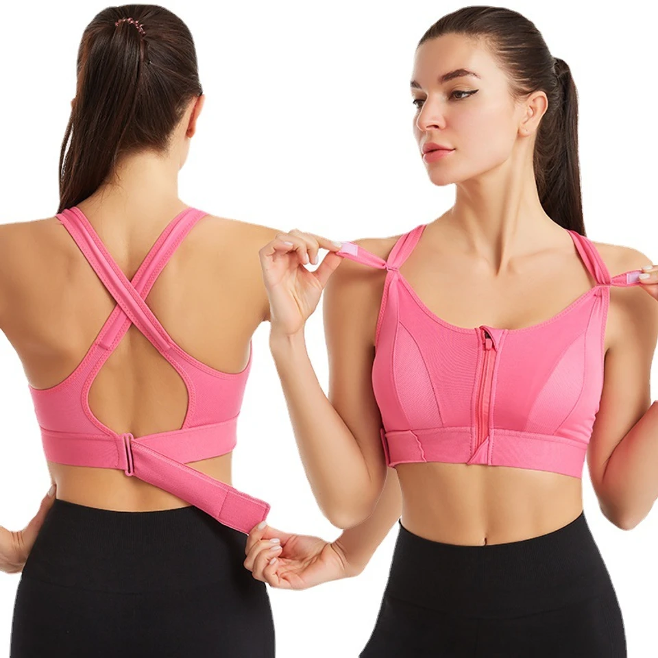 Adjustable Front Zipper Sports Bra Shockproof Non-rimmed Vest Yoga Sports Cross Beauty Back for Women