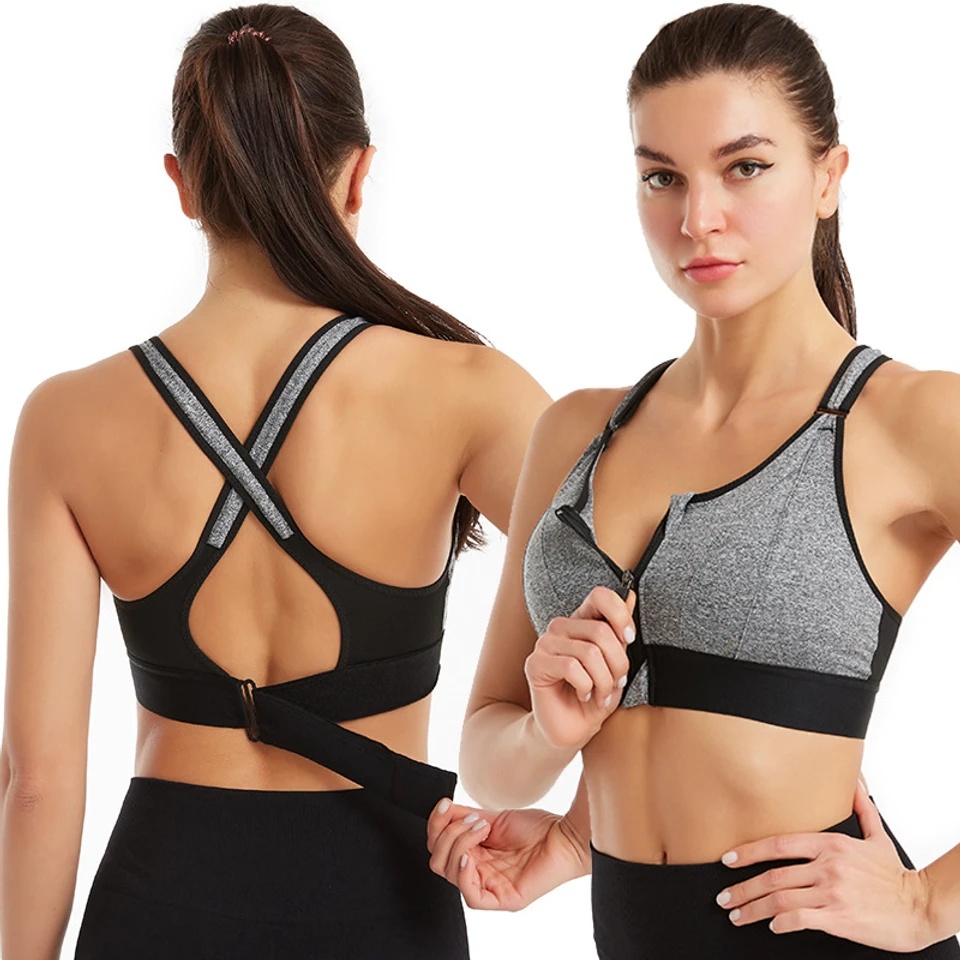 Adjustable Front Zipper Sports Bra Shockproof Non-rimmed Vest Yoga Sports Cross Beauty Back for Women