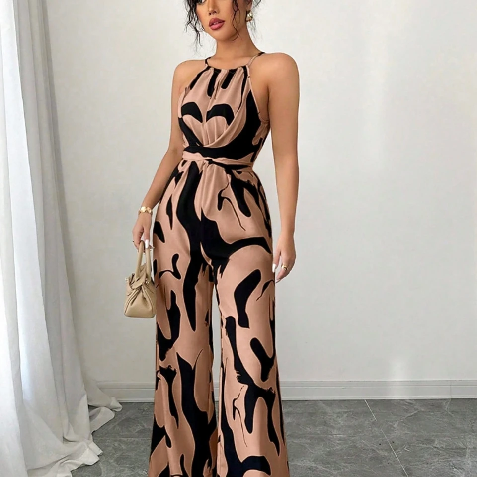 Milk-Pattern Halter Neck Jumpsuit 2026 New Model Women's Tie-Back Open-Back Bodysuit