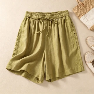 Plus-Size Women's Slimming Casual Pants, Artistic Embroidered High-Waisted Drawstring Loose Cotton-Linen Shorts