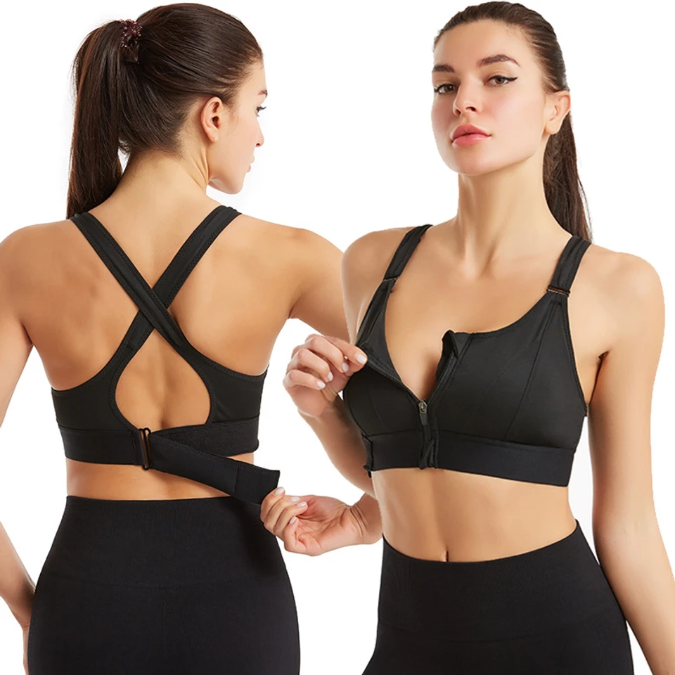 Adjustable Front Zipper Sports Bra Shockproof Non-rimmed Vest Yoga Sports Cross Beauty Back for Women
