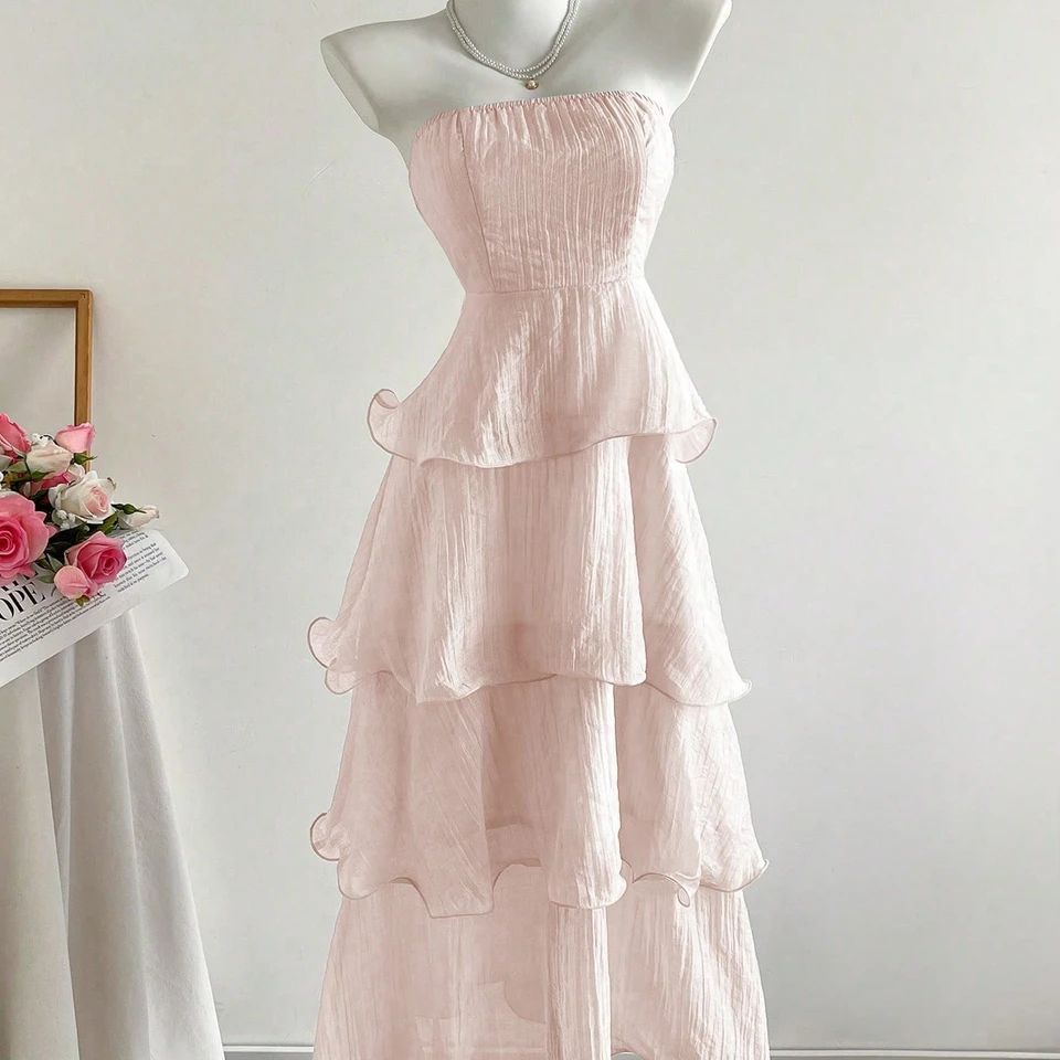 2026 New Summer Hip-Covering Skirt Slimming Look Mid-Length Skirt Cake Skirt Fairy Tube Top Pure Color Lotus Leaf Dress