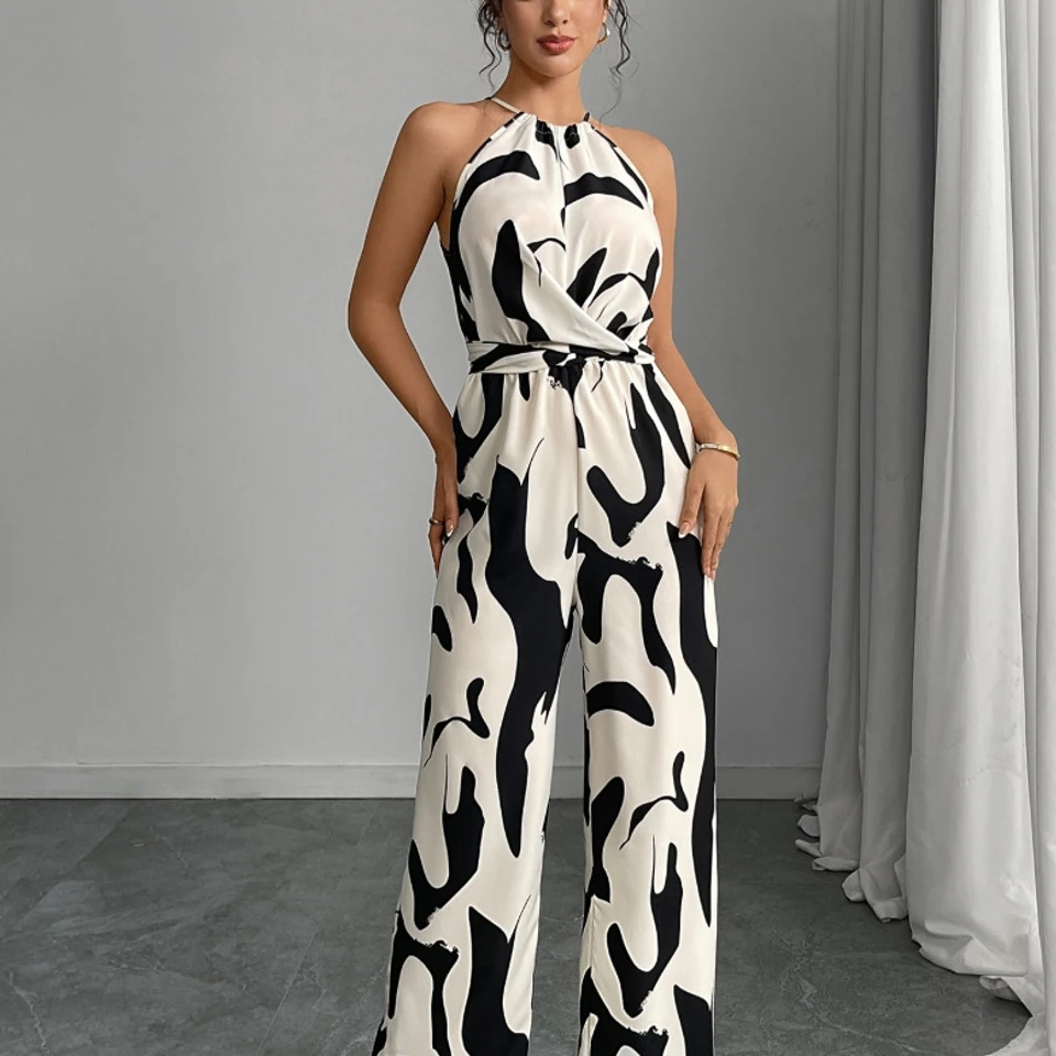 Milk-Pattern Halter Neck Jumpsuit 2026 New Model Women's Tie-Back Open-Back Bodysuit