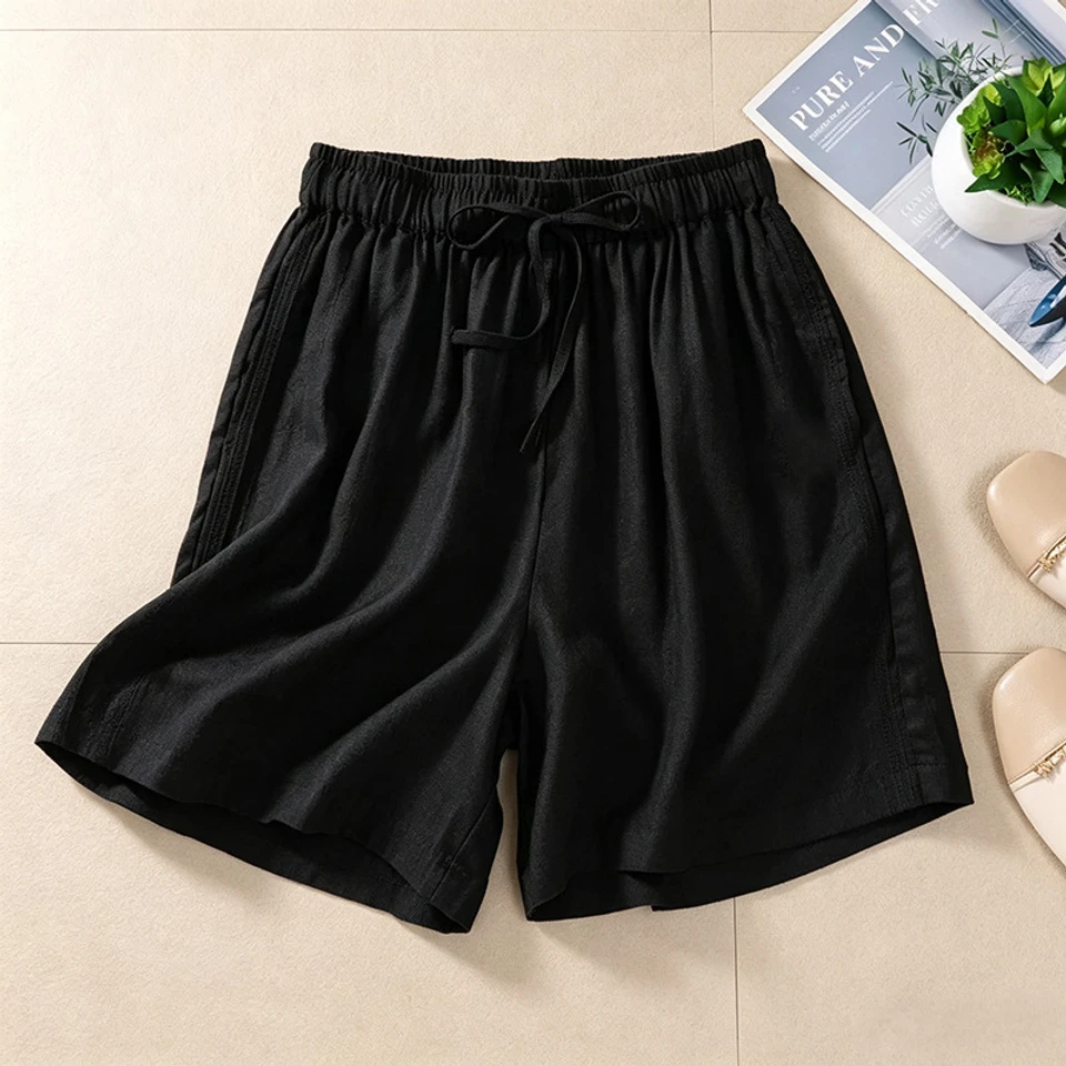Plus-Size Women's Slimming Casual Pants, Artistic Embroidered High-Waisted Drawstring Loose Cotton-Linen Shorts