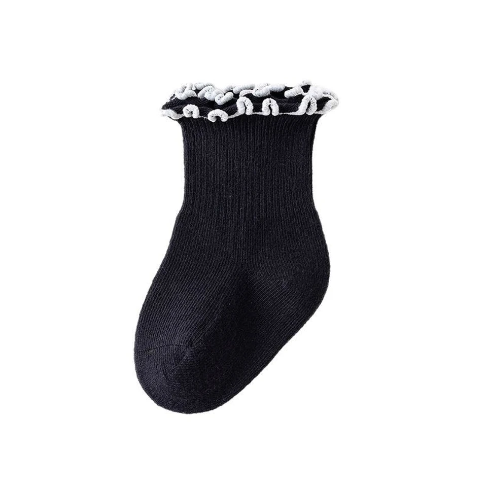 Newborn Infant Baby Girl Children's Combed Cotton Black and White Spring and Autumn Loosen Lace Princess Socks