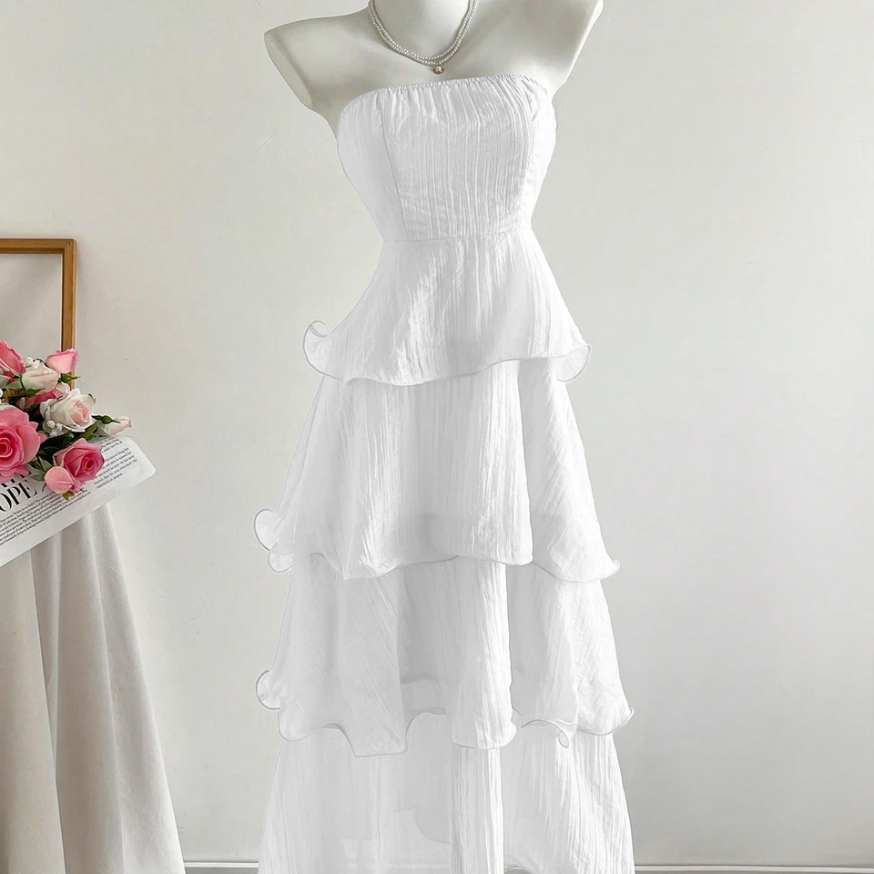 2026 New Summer Hip-Covering Skirt Slimming Look Mid-Length Skirt Cake Skirt Fairy Tube Top Pure Color Lotus Leaf Dress