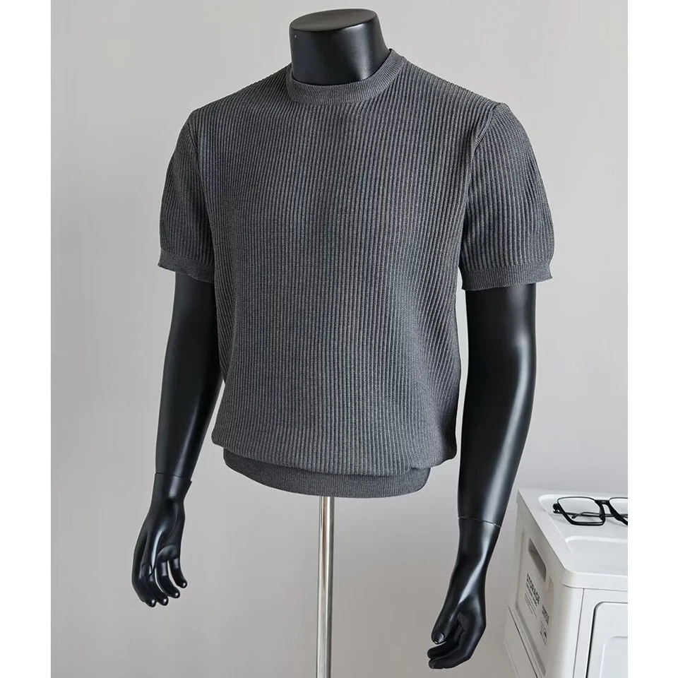 Knitted Short-Sleeve T-Shirt for Men, Round Neck, Ribbed Texture, Old Money Style, Ice Silk Summer Inner Wear