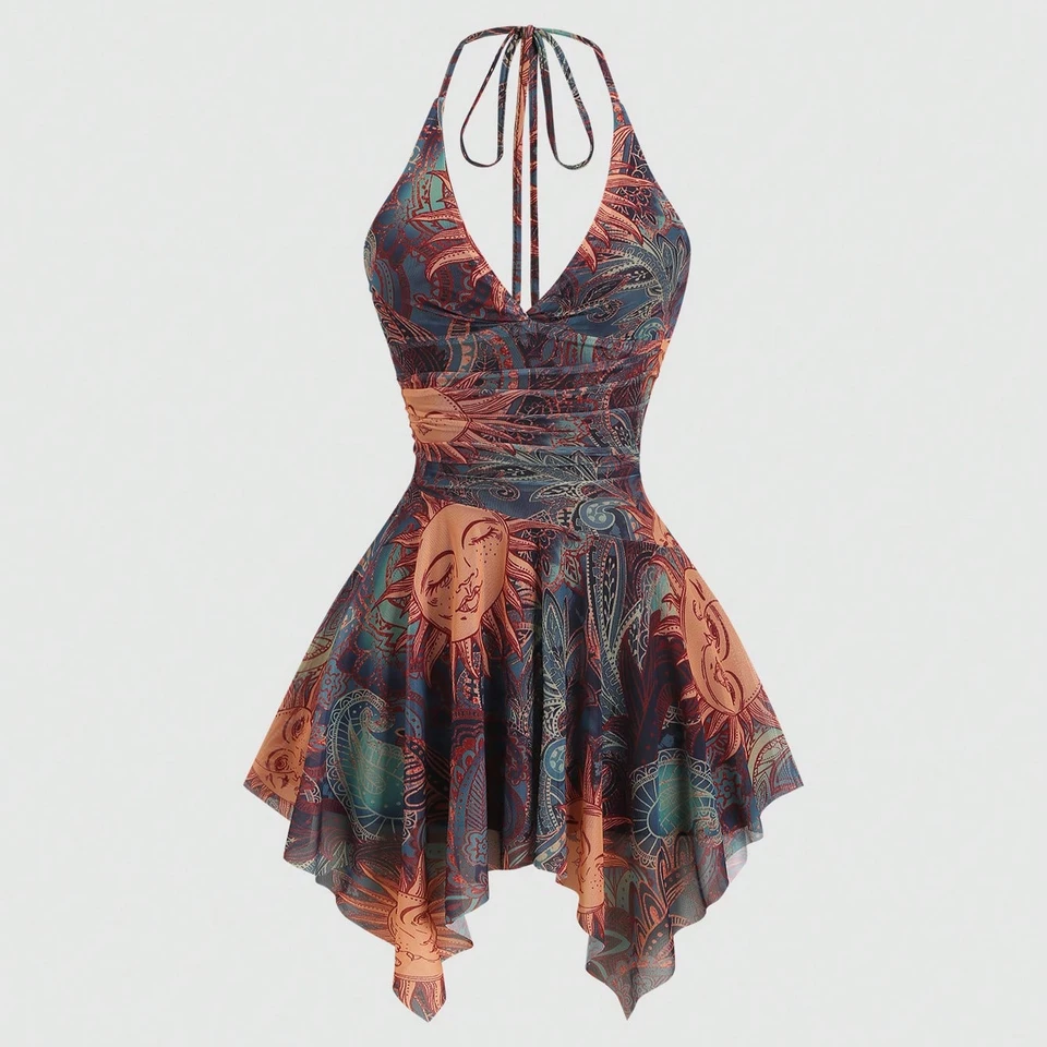 New Style Holiday Mesh V-Neck Suspender Dress, Sexy Irregular Hem Versatile Dress Trendy
