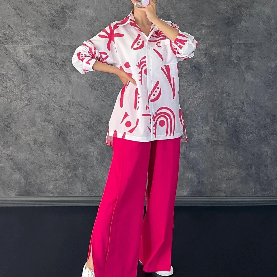 Women's Clothing 2026 Early Autumn New Casual Long-Sleeve Printed Shirt High-Waisted Slit Wide-Leg Dress