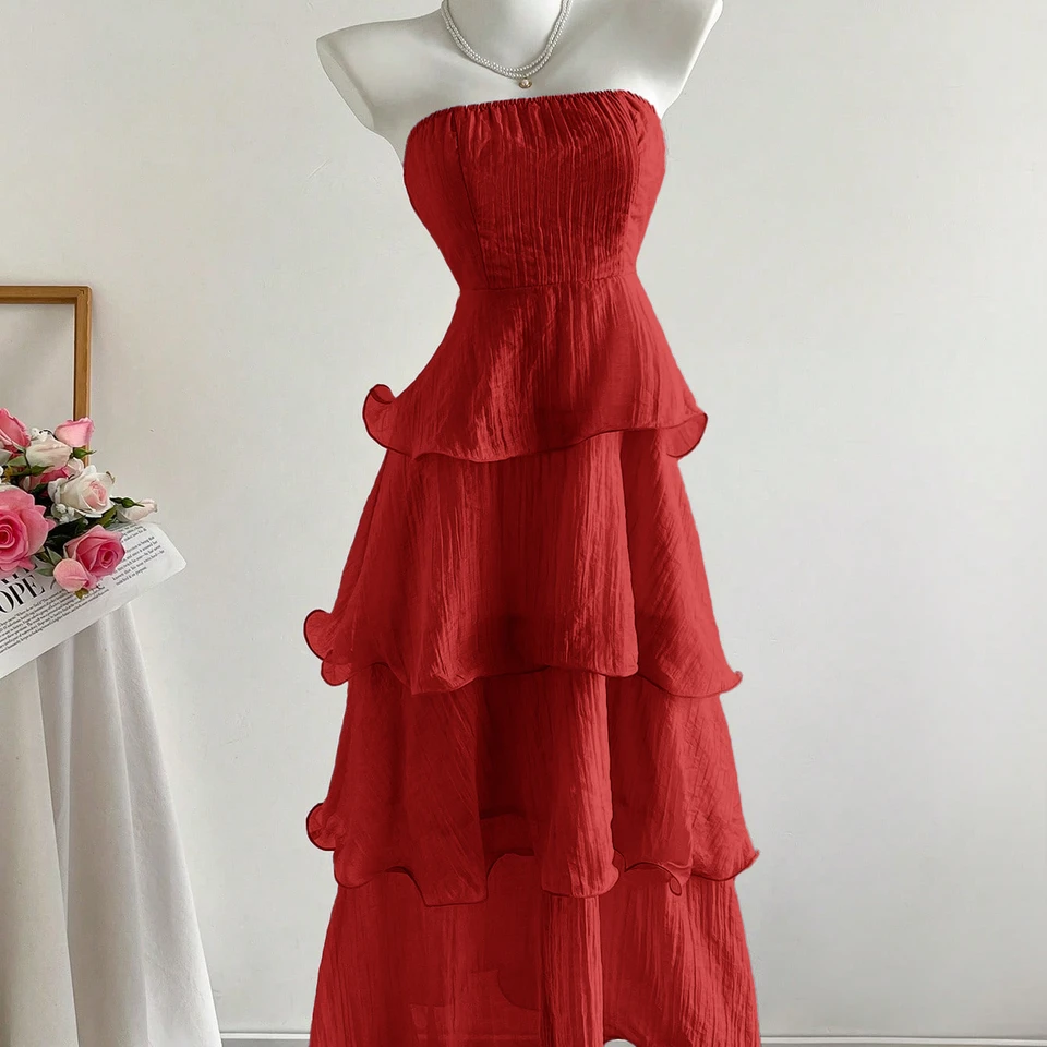 2026 New Summer Hip-Covering Skirt Slimming Look Mid-Length Skirt Cake Skirt Fairy Tube Top Pure Color Lotus Leaf Dress