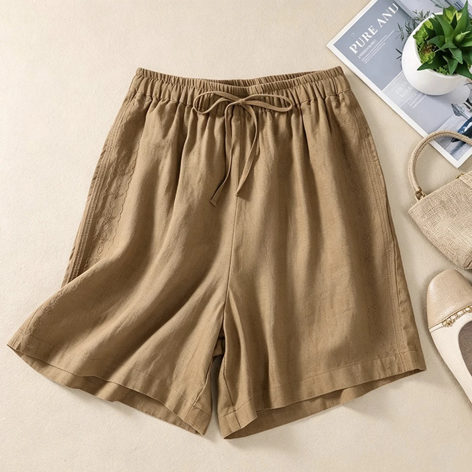 Plus-Size Women's Slimming Casual Pants, Artistic Embroidered High-Waisted Drawstring Loose Cotton-Linen Shorts