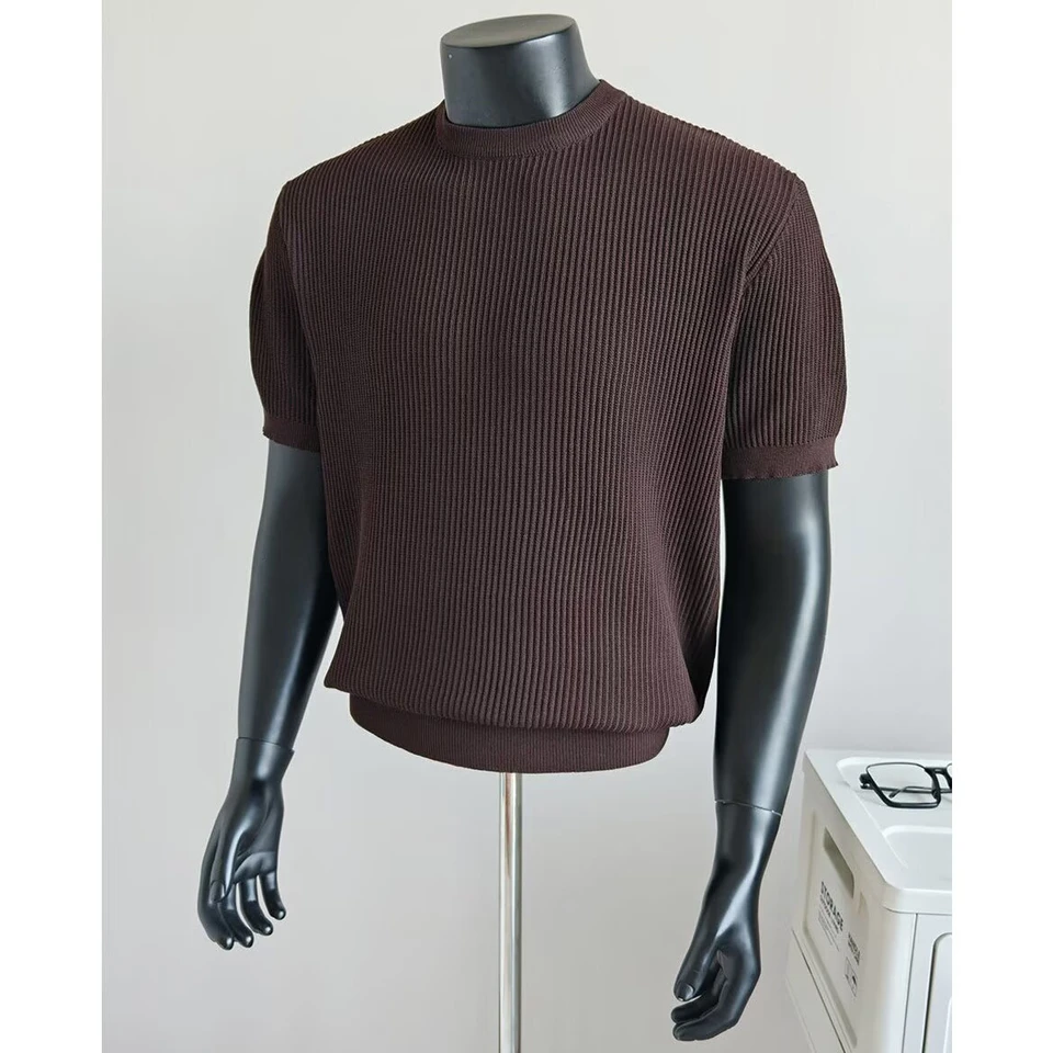 Knitted Short-Sleeve T-Shirt for Men, Round Neck, Ribbed Texture, Old Money Style, Ice Silk Summer Inner Wear