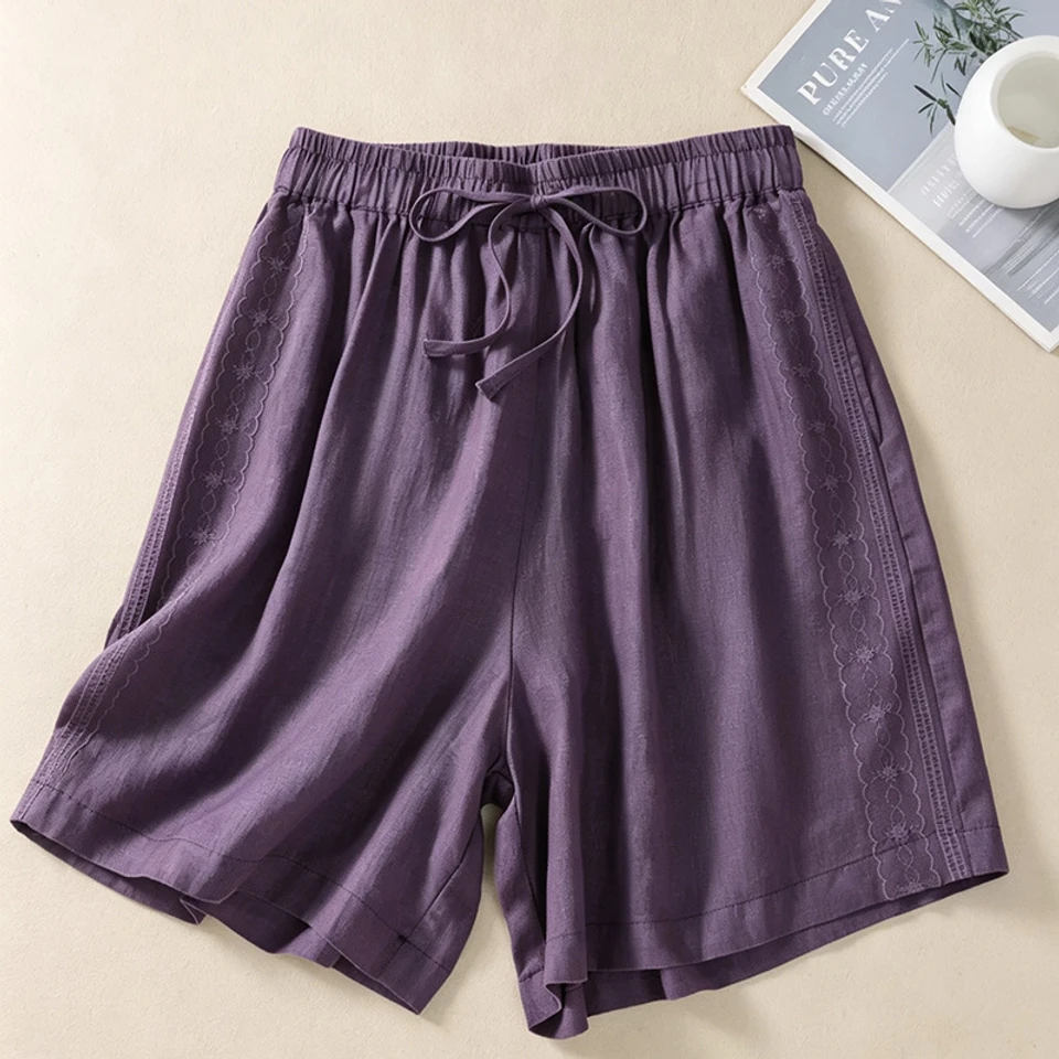 Plus-Size Women's Slimming Casual Pants, Artistic Embroidered High-Waisted Drawstring Loose Cotton-Linen Shorts