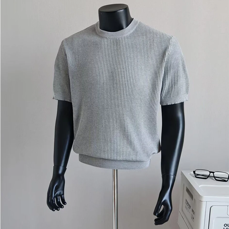 Knitted Short-Sleeve T-Shirt for Men, Round Neck, Ribbed Texture, Old Money Style, Ice Silk Summer Inner Wear