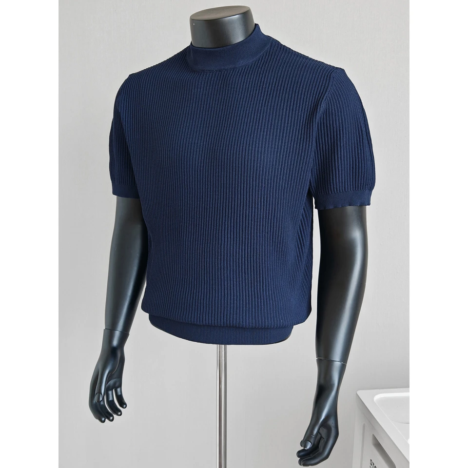 Knitted Short-Sleeve T-Shirt for Men, Round Neck, Ribbed Texture, Old Money Style, Ice Silk Summer Inner Wear