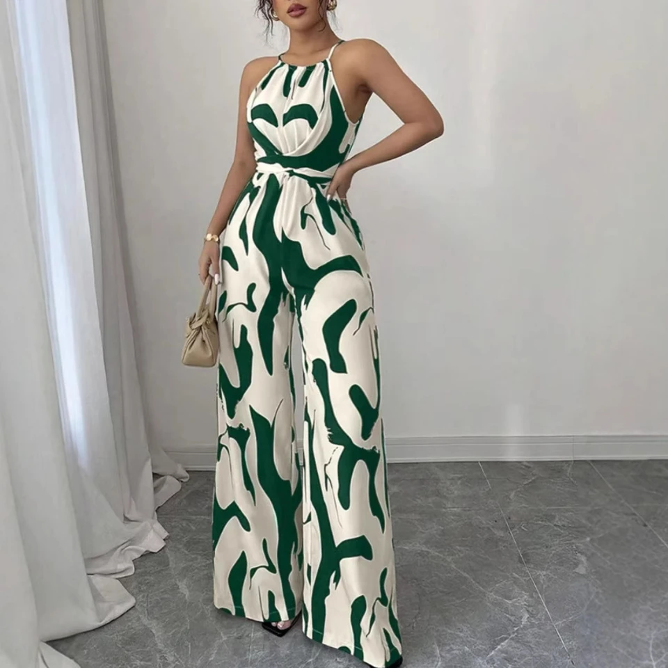 Milk-Pattern Halter Neck Jumpsuit 2026 New Model Women's Tie-Back Open-Back Bodysuit