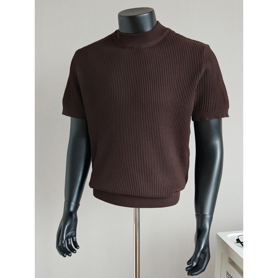 Knitted Short-Sleeve T-Shirt for Men, Round Neck, Ribbed Texture, Old Money Style, Ice Silk Summer Inner Wear