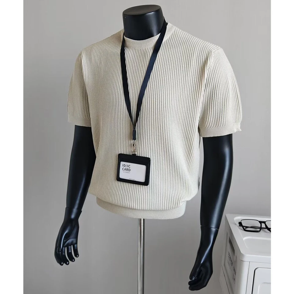 Knitted Short-Sleeve T-Shirt for Men, Round Neck, Ribbed Texture, Old Money Style, Ice Silk Summer Inner Wear