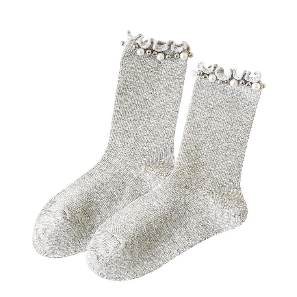 Girls' New Spring And Autumn Mid-Calf Socks with Pearl Ruffles, Sweet Princess Socks for Children and Older Kids