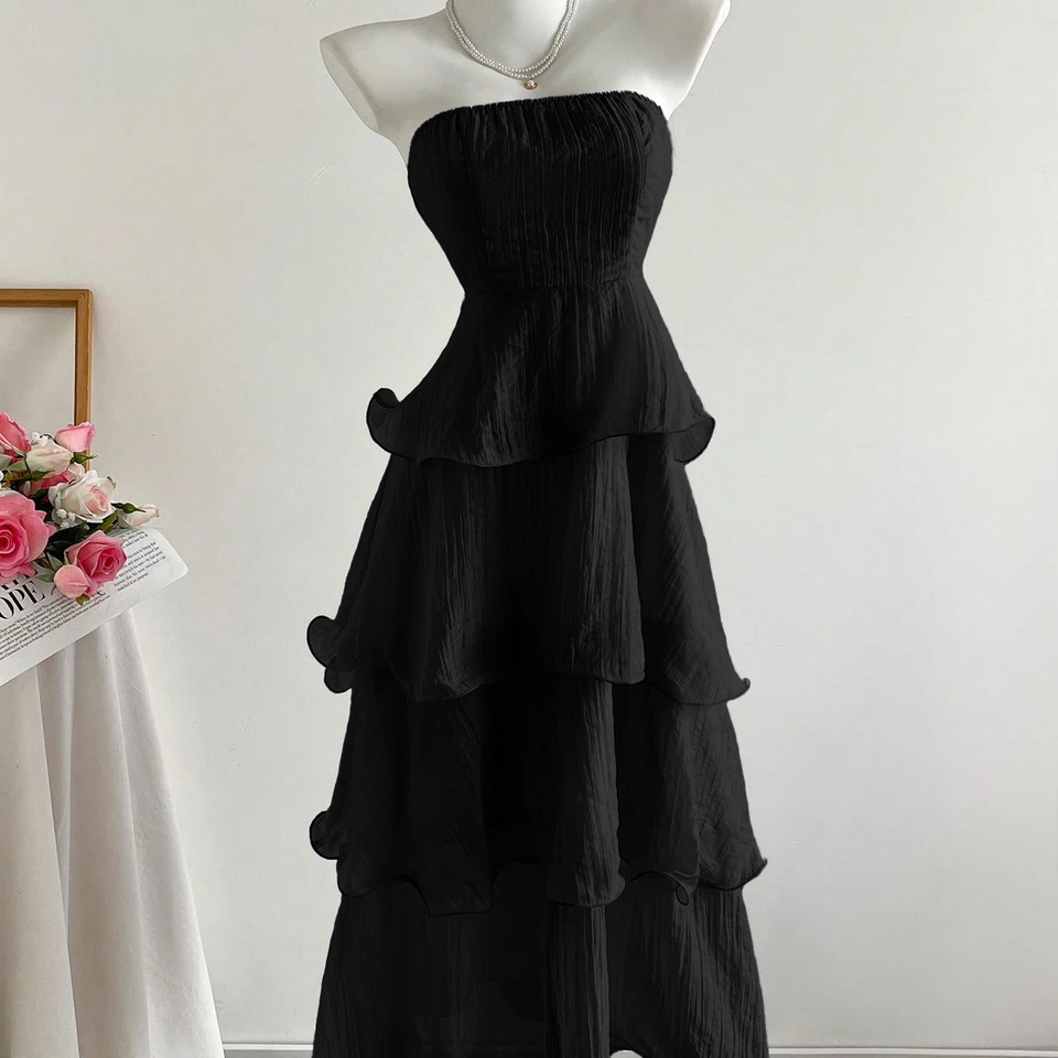 2026 New Summer Hip-Covering Skirt Slimming Look Mid-Length Skirt Cake Skirt Fairy Tube Top Pure Color Lotus Leaf Dress