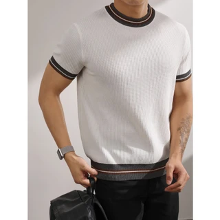 Summer new short sleeve sweater men's color matching striped ice silk breathable slim business
