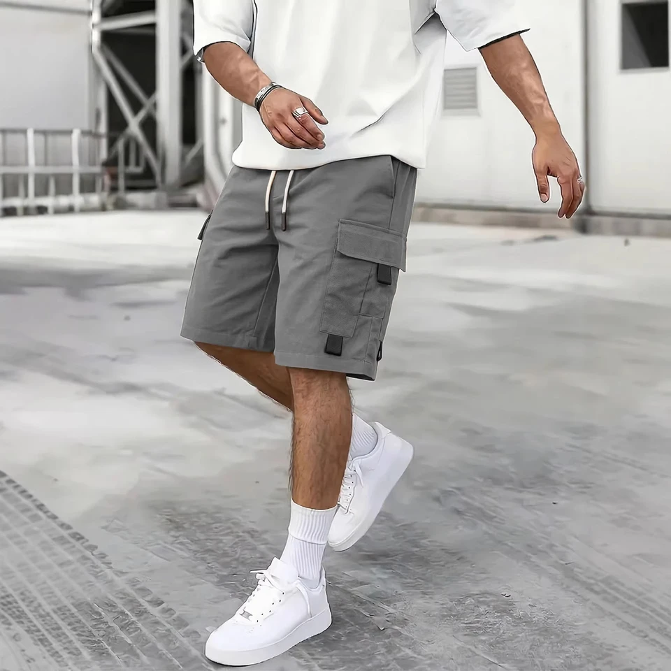 2026 Spring and Summer Men's Shorts Cargo Pants Solid Color Casual Splicing Drawstring Multi-Pocket Pants