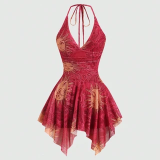 New Style Holiday Mesh V-Neck Suspender Dress, Sexy Irregular Hem Versatile Dress Trendy