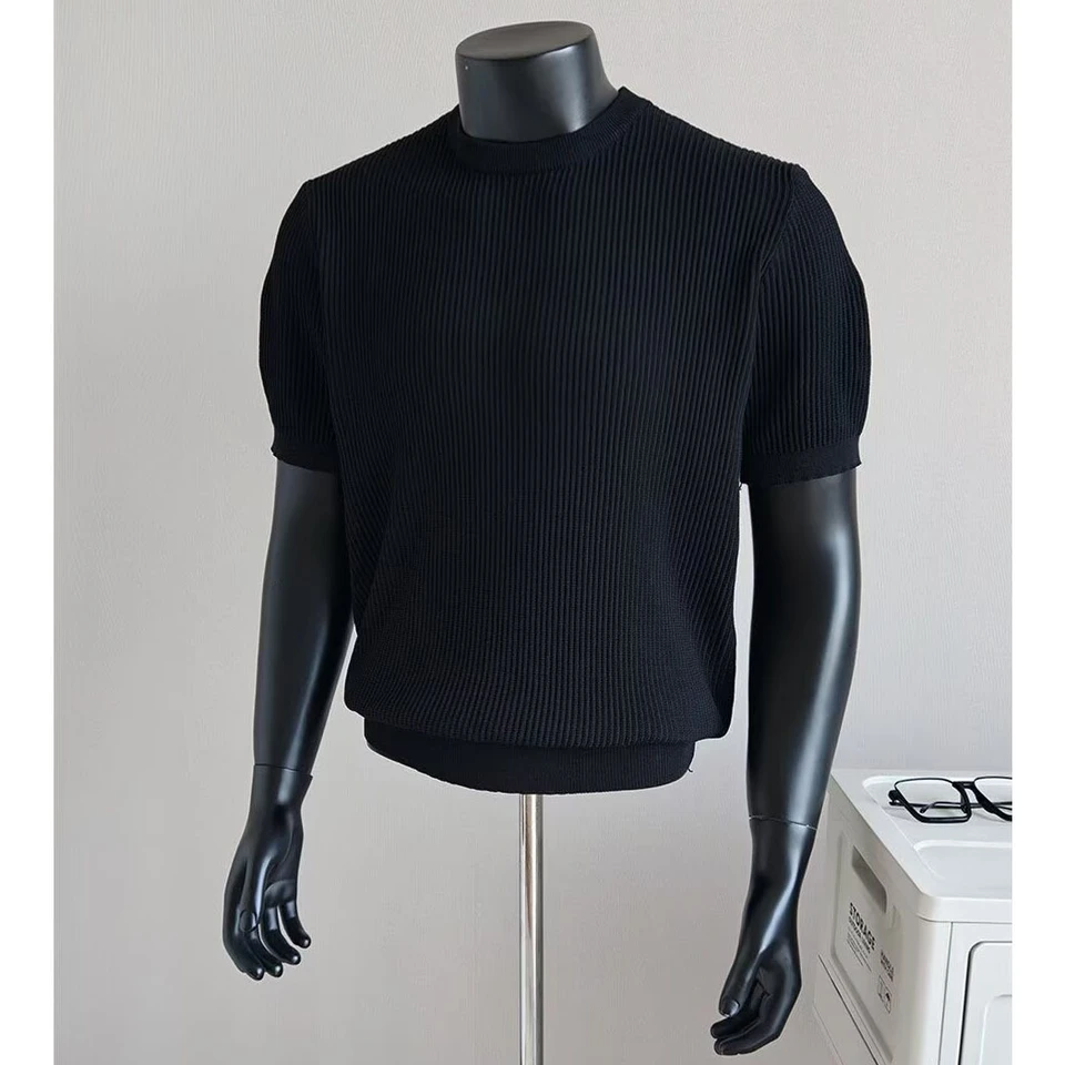 Knitted Short-Sleeve T-Shirt for Men, Round Neck, Ribbed Texture, Old Money Style, Ice Silk Summer Inner Wear