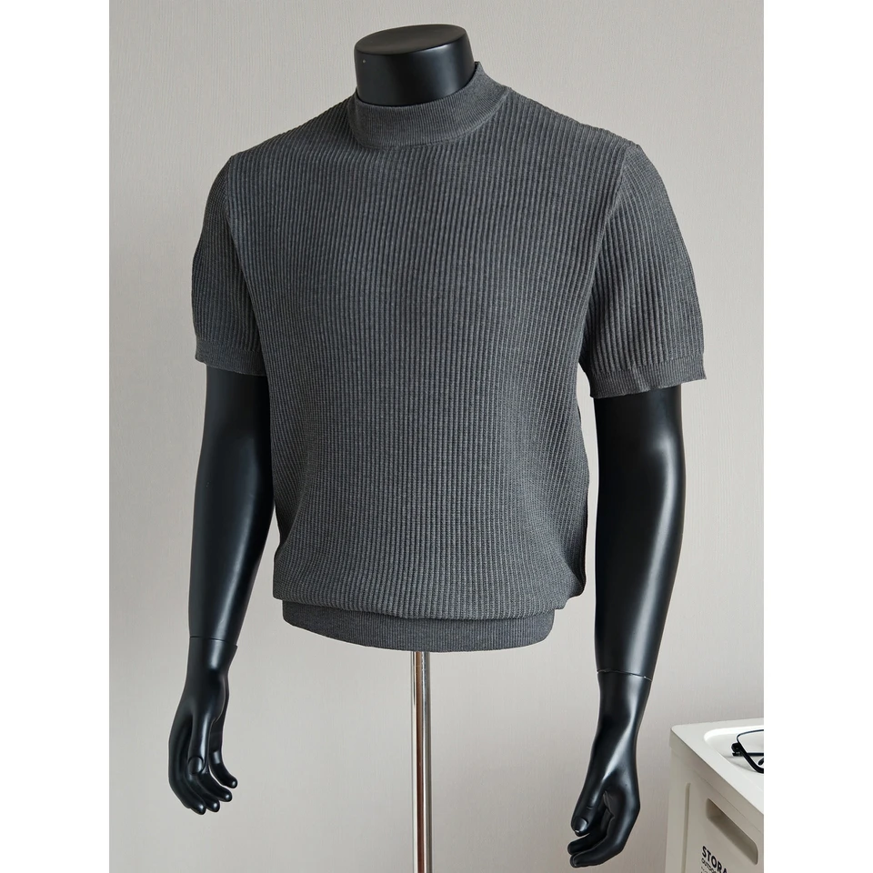 Knitted Short-Sleeve T-Shirt for Men, Round Neck, Ribbed Texture, Old Money Style, Ice Silk Summer Inner Wear