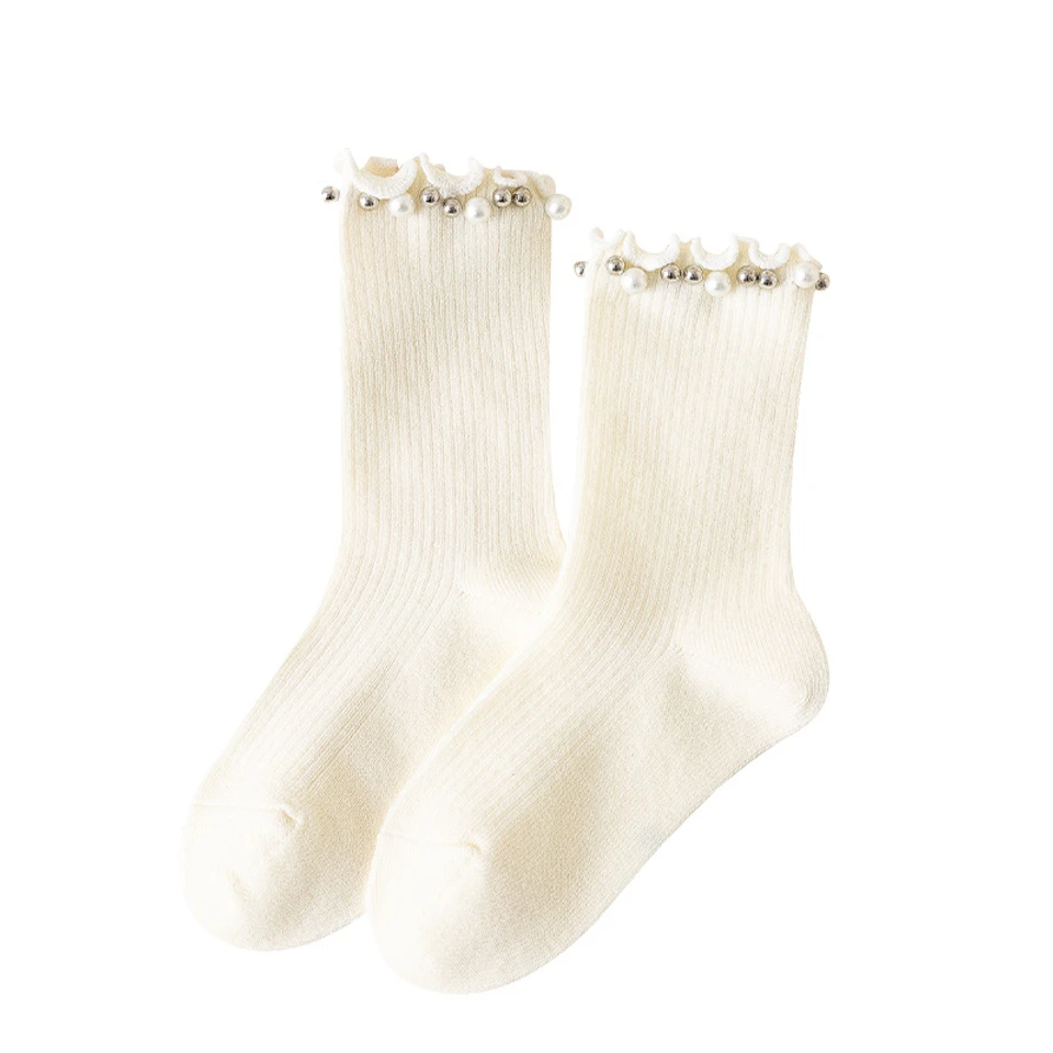 Girls' New Spring And Autumn Mid-Calf Socks with Pearl Ruffles, Sweet Princess Socks for Children and Older Kids