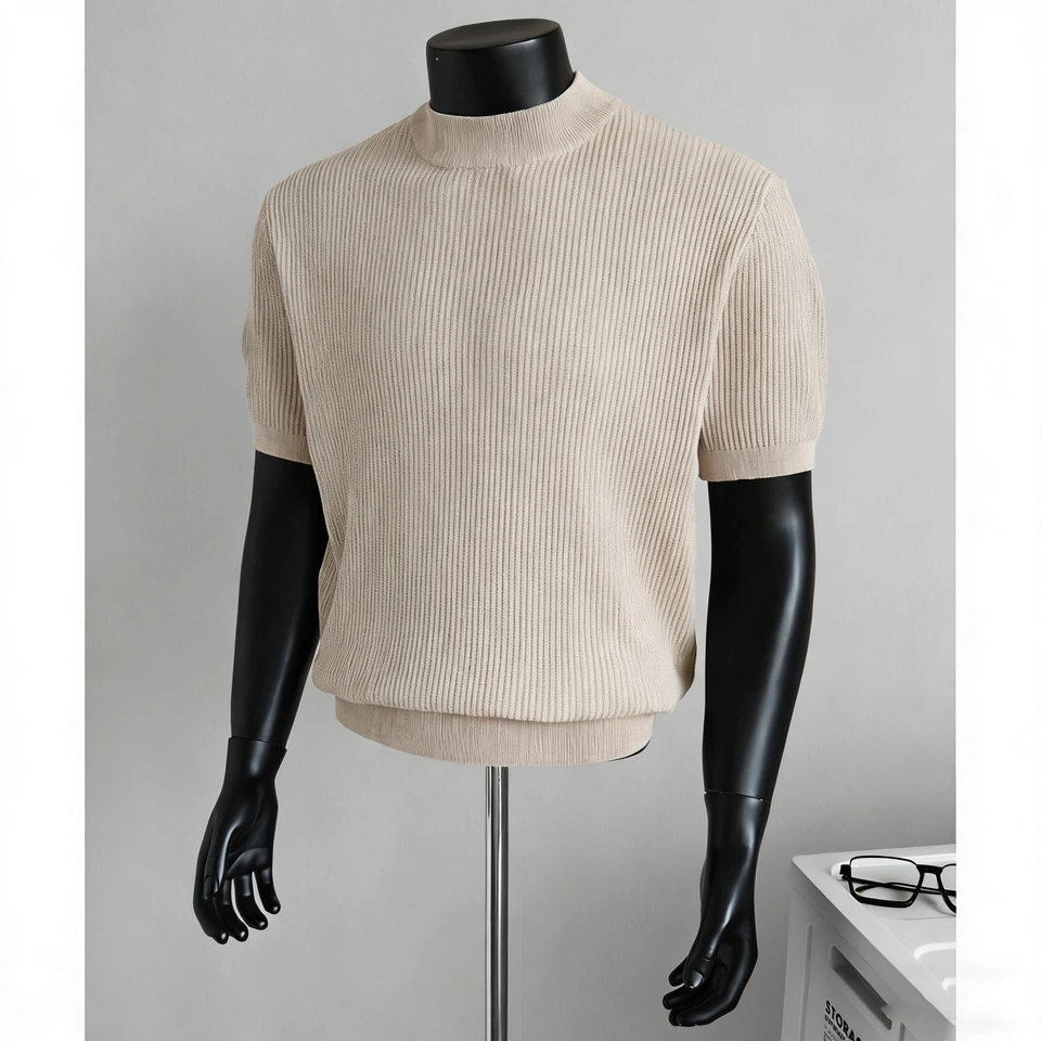 Knitted Short-Sleeve T-Shirt for Men, Round Neck, Ribbed Texture, Old Money Style, Ice Silk Summer Inner Wear